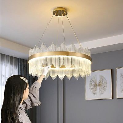 3000K ao ouro de bronze luxuoso moderno Crystal Chandelier Double Rimmed das luzes de teto 6500K
