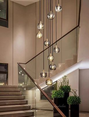 Chocolate Escalão Todo Cobre Lâmpada Pendente Fim Villa Sala de estar Luz com Cristal de Luxo e Função Rotativa